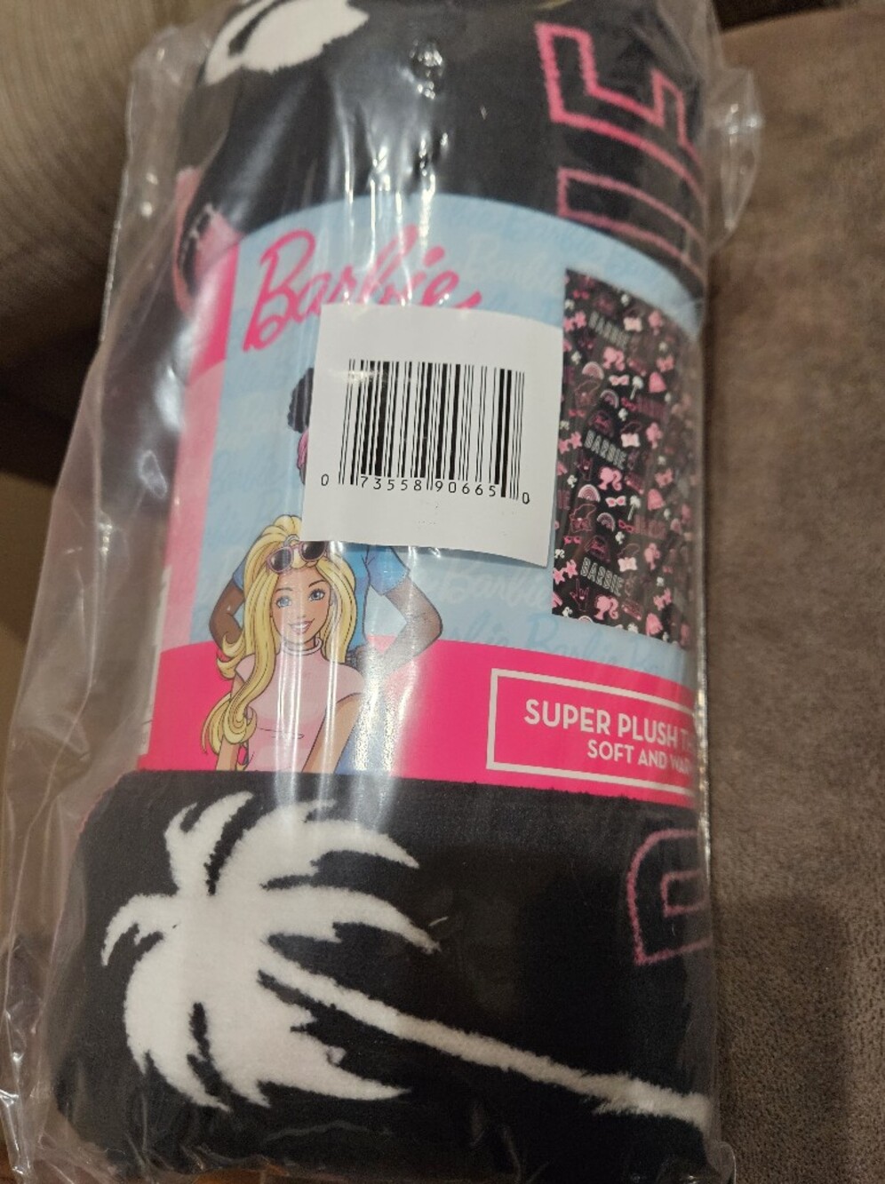 Barbie Black, White & Pink Palm Print Plush Throw